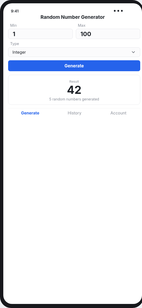 Random Number Generator mobile app interface on Android
